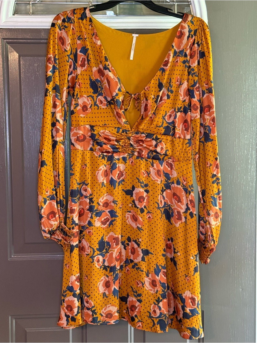 Free People Mustard Floral Long-Sleeve V-Neck Tie Dress